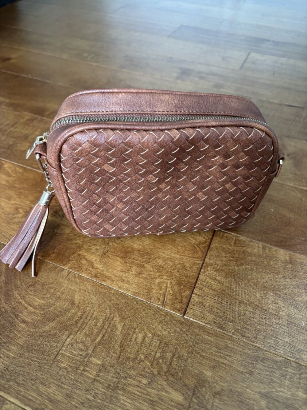Cognac Woven Camera Crossbody Bag with Tassel + 2 Guitar Straps